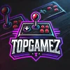 DALL·E 2025-04-24 21.57.34 - Logo design for a gaming website called 'TopGamez'. The style should be retro and competitive, using dark colors like black, deep purple, and neon blu